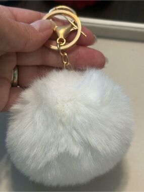 White Faux Fur Pom Pom Keychain with Gold Hardware